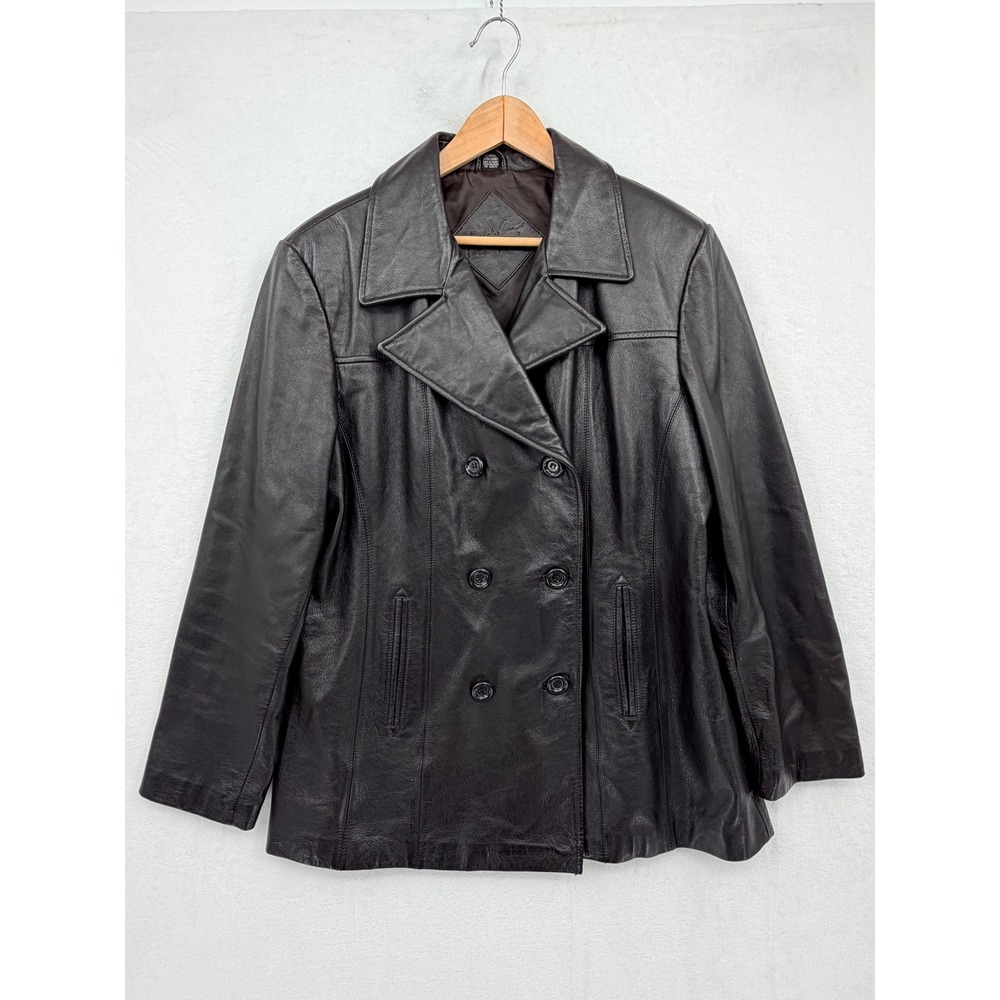 Vintage Jaclyn Smith Black Genuine Leather Double Breasted Pea Coat XL 90s